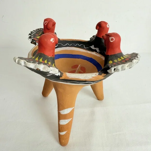 Multicolor Painted Turkey Tripod Copelero Cup Figurine Mexican Pottery - Picture 1 of 12